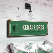 Kenai Fjords National Park Sign - Alaskan Coastal Glacier Illustration, Deep Navy Accents, High Res Metal Printing for Boat Houses - 12-x-4-inches