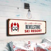 Revelstoke Ski Resort Sign – Retro Ski Resort Wall Sign, Full Color UV Print, Durable Aluminum Composite, Mount Ready Pre-Drilled Holes - 24-x-8-inches
