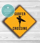 Female Surfer Crossing Sign – Surf Signs, Durable Aluminum Composite, Indoor Outdoor Use, Easy Mount Pre-Drilled Holes - 8-x-8