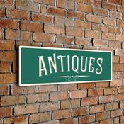 Antiques Wall Sign – Rustic Vintage Business Sign, Full Color UV Print, Aluminum Composite, Holes Punched for Easy Installation - 24-x-8-inches / green