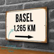 Basel City Distance Sign | Custom Location Sign | City Travel Souvenir | Add any Miles or KM - 12-x-8