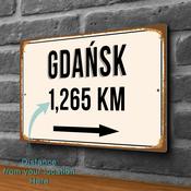 Gdańsk City Distance Sign | Custom Location Sign | City Travel Souvenir | Add any Miles or KM - 9-x-6