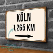 Koln City Distance Sign | Custom Location Sign | City Travel Souvenir | Add any Miles or KM - 16-x-12