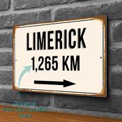 Limerick City Distance Sign | Custom Location Sign | City Travel Souvenir | Add any Miles or KM - 20-x-14-inches