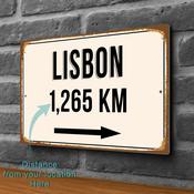 Lisbon City Distance Sign | Custom Location Sign | City Travel Souvenir | Add any Miles or KM - 16-x-12