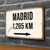 Madrid City Distance Sign | Custom Location Sign | City Travel Souvenir | Add any Miles or KM - 20-x-14-inches