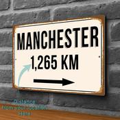 Manchester City Distance Sign | Custom Location Sign | City Travel Souvenir | Add any Miles or KM - 20-x-14-inches
