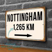 Nottingham City Distance Sign | Custom Location Sign | City Travel Souvenir | Add any Miles or KM - 12-x-8