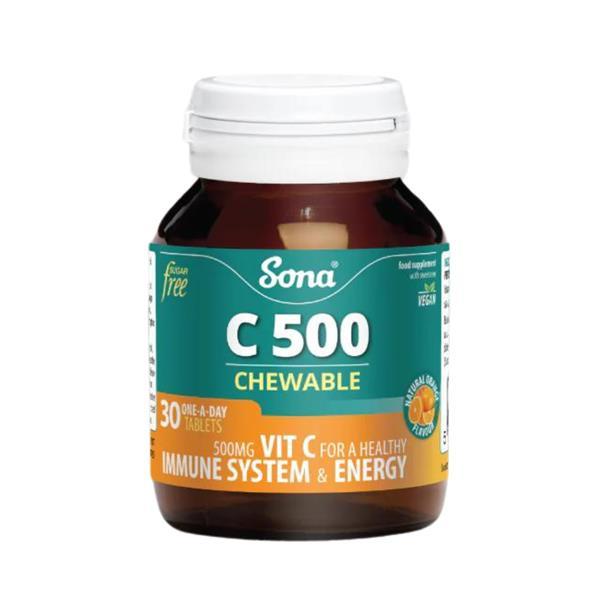 Sona C 500 Chewable Tablets 30 Pack - Orange Flavor - Immune System Health & Reduction of Tiredness & Fatigue