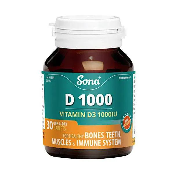 Sona D1000 Vitamin D3 1000IU 30 Tablets - Vegan, Sunshine Vitamin, Bones, Teeth, Muscles, Immune System, One-A-Day