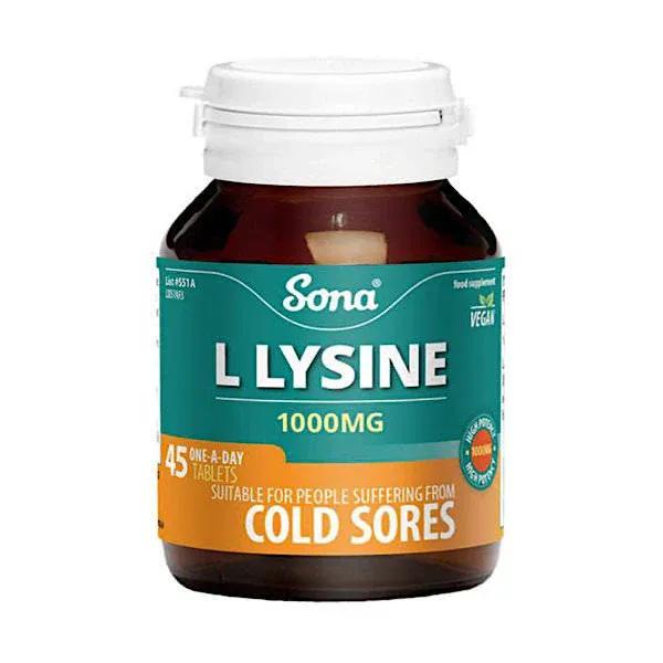 Sona L Lysine 1000mg 45 Tablets - Helps fight cold sores, Vegan, High Potency