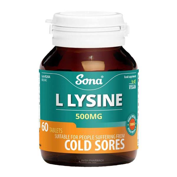 Sona L Lysine 500mg 60 Tablets - Helps fight cold sores & mouth ulcers - VEGAN