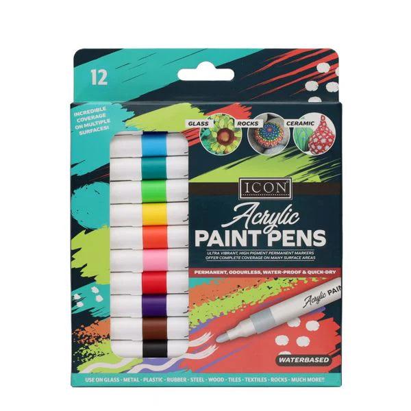 ICON Acrylic Paint Pens - Pack of 12 - Permanent, Odourless, Water-Proof & Quick-Dry