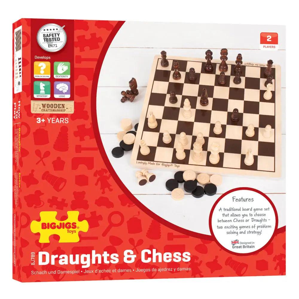 Bigjig Chess and Draughts Wooden Board Game Set with Chess Pieces, Draughts Pieces, and Wooden Board