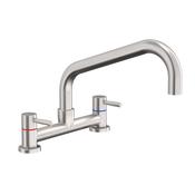 Stainless Steel Twin Lever Deck Mounted Mixer Tap with Swan Neck Spout - 200mm Centres