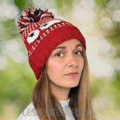 Hand Knitted Roll Back Winter Hat 100% Wool Bobble Beanie With Sheep Red RC22 - Cosy Life Ireland