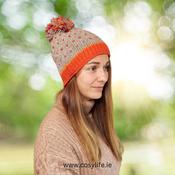 Hand Knitted Pure Wool Winter Hat Bobble Beanie Grey and Maroon RC08