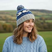 Pure Wool Handknitted Navy Blue Roll Back Bobble Beanie With Sheep RC29