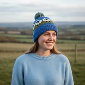 Hand Knitted Pure Wool Flock Of Sheep Roll Back Winter Hat Bobble Beanie Blue KS01