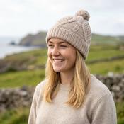 Handknitted Pure Wool Bobble Beanie Winter Hat Aran Knit Beige RC16