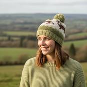 Hand-knitted Fine Wool Bobble Beanie Dachshund Dog Design Green RC25PP101