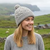Hand knit Pure Wool Bobble Beanie Winter Hat Aran Cable Knit Grey RC15PP image