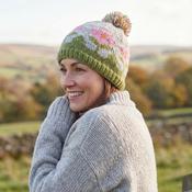 Hand-knit Pure Wool Bobble Beanie Sea Pink Wild Flower Design PN051 Fine Knit