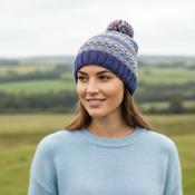Hand Knit Pure Wool Bobble Beanie Fair Isle Design Heather Blue Unisex NK2002 image
