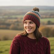 Hand Knit Pure Wool Bobble Beanie Fair Isle Design Rust Heather NK2001