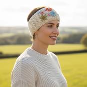 Hand Knitted Pure Wool Moss Stitch Headband With Embroidered Flowers HB075 Oatmeal