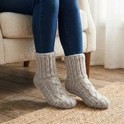 Pure Wool Hand Knitted Ladies Warm Chunky Slipper Socks Fleece-Lined Aran Cable Pattern NKSS001