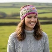 Hand Knitted Pure Wool Headband With Embroidered Flowers HB084 Fine Knit Light Pink - Cosy Life Ireland
