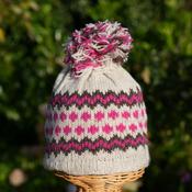 Hand Knit 100% Lamb Wool Bobble Beanie Winter Hat Grey and Pink RC61 (Fine Knit)