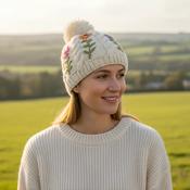 Hand-knit Pure Wool Bobble Beanie Embroidery Daisy Flower Design PN049