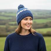Hand Knitted Pure Wool Fair Isle Sheep Design Bobble Beanie Denim Blue NK255