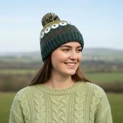 Hand Knitted Pure Wool Fair Isle Sheep Design Bobble Beanie Fleck Forest Green NK276