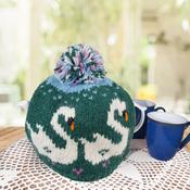 Hand Knitted Tea Cosy 100% Wool Swans Design Bobble Top TC03 Teal - Cosy Life Ireland