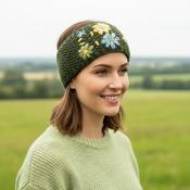 Hand Knitted Pure Wool Moss Stitch Headband With Embroidered Flowers HB075 Green - Cosy Life Ireland