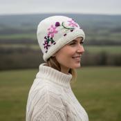 Hand-knit Pure Wool Bobble Beanie Embroidery Irish Wild Flower Design NC002 Cream - Cosy Life Ireland image