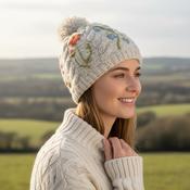 Hand-knit Pure Wool Bobble Beanie Embroidery Irish Wild Flower Design PN038 - Cosy Life Ireland image
