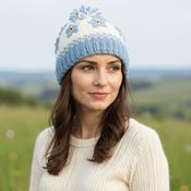 Hand-knit Pure Wool Bobble Beanie Forget Me Not Design Blue PN032