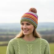 Hand Knit Pure Wool Bobble Beanie Multicolour Striped Design PN045 image