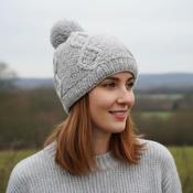 Hand knit Wool Winter Hat Aran Diamond Bobble Beanie Light Grey PN007 Fine Knit