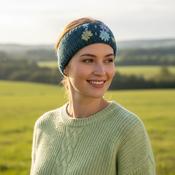 Hand Knitted Pure Wool Moss Stitch Headband With Embroidered Flowers HB075 Teal