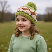 Kids Pure Wool Hand-knit Fox Bobble Beanie Green PN093 Fine Knit