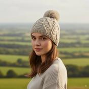 Merino Bobble Beanie Unlined With Tradition Aran Stitching 100% Merino Wool Light Grey YLB1 - Cosy Life Ireland