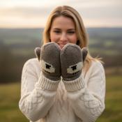 Pure Wool Hand Knitted Mitten Winter Gloves Sheep design Brown RC18M