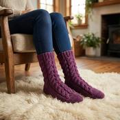 Pure Wool Hand Knit Chunky Warm Aran Cable Pattern Ladies Winter Socks Heather Pink PNSK003