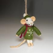 Handmade Wool Felt Mouse Hanging Green Snowflake Jumper Ornament image