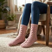 Pure Wool Hand Knit Chunky Warm Aran Cable Pattern Unlined Ladies Winter Socks KS01